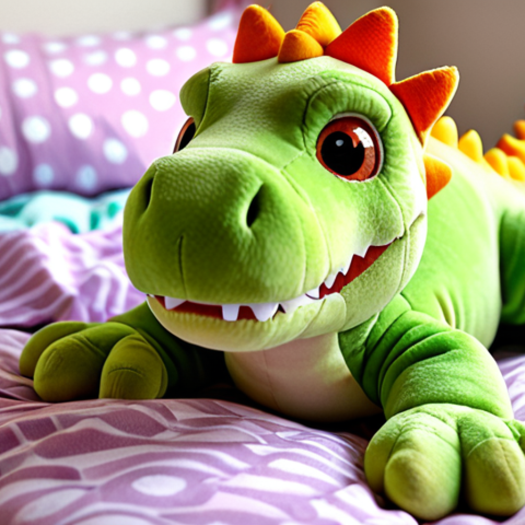 **

`A close-up of a soft, brightly colored Gogo Dino plush toy (Rex if possible), lying on a cozy bed with Gogo Dino themed sheets. Focus on the plush's texture and the inviting, comforting feeling.`

**