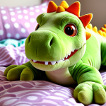 **

`A close-up of a soft, brightly colored Gogo Dino plush toy (Rex if possible), lying on a cozy bed with Gogo Dino themed sheets. Focus on the plush's texture and the inviting, comforting feeling.`

**