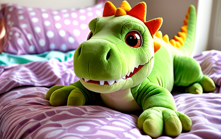 **
`A close-up of a soft, brightly colored Gogo Dino plush toy (Rex if possible), lying on a cozy bed with Gogo Dino themed sheets. Focus on the plush's texture and the inviting, comforting feeling.`
**