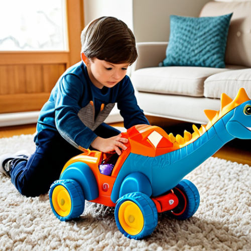 A young child, approximately 6-7 years old, with a focused and determined expression, actively transforming a colorful 'GoGo Dino' toy from vehicle mode to dinosaur mode on a soft rug in a well-lit, tidy living room. The child is fully clothed in modest, comfortable play attire. The scene emphasizes concentration, fine motor skill development, and problem-solving through play. Perfect anatomy, correct proportions, natural pose, well-formed hands, proper finger count, natural body proportions. Professional photography, high detail, vibrant colors, clear focus. Safe for work, appropriate content, fully clothed, family-friendly.