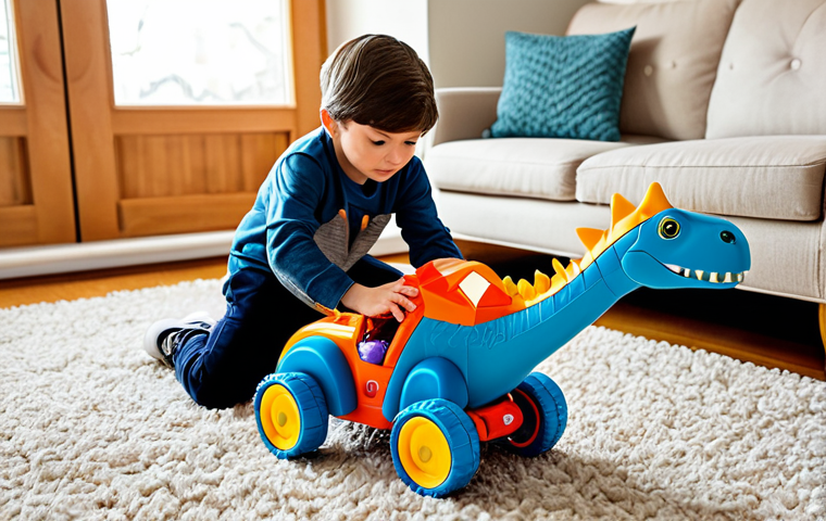 A young child, approximately 6-7 years old, with a focused and determined expression, actively transforming a colorful 'GoGo Dino' toy from vehicle mode to dinosaur mode on a soft rug in a well-lit, tidy living room. The child is fully clothed in modest, comfortable play attire. The scene emphasizes concentration, fine motor skill development, and problem-solving through play. Perfect anatomy, correct proportions, natural pose, well-formed hands, proper finger count, natural body proportions. Professional photography, high detail, vibrant colors, clear focus. Safe for work, appropriate content, fully clothed, family-friendly.