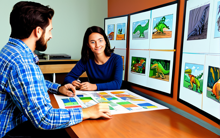 Storyboard Creation**

"A team of animation artists collaborating around a table, reviewing a colorful storyboard for an episode of "GoGoDino." The storyboard depicts cute dinosaurs in various scenes. The setting is a bright, modern animation studio with concept art pinned to the walls. Everyone is fully clothed in casual, professional attire. safe for work, appropriate content, family-friendly. Focus on the collaborative energy and creative process. perfect anatomy, natural proportions, professional illustration, high quality."

**