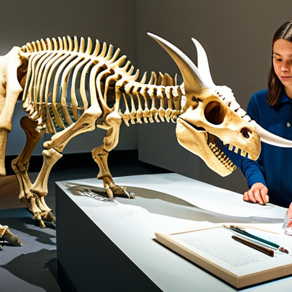 고고다이노와 공룡 생태에 대한 지식 - **Prompt:** "A vibrant, family-friendly museum exhibit featuring a fully-clothed young girl sketchin...