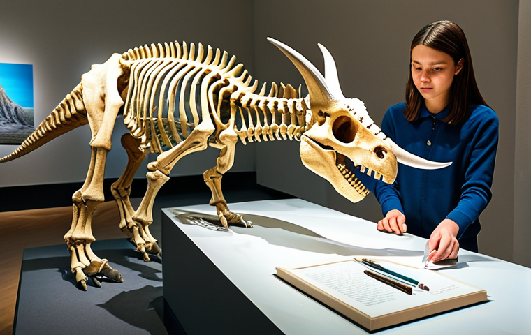 고고다이노와 공룡 생태에 대한 지식 - **Prompt:** "A vibrant, family-friendly museum exhibit featuring a fully-clothed young girl sketchin...