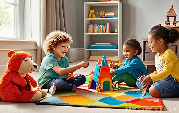 고고다이노로부터 영감을 받은 어린이들 이야기 - A group of diverse children, aged 5-8, are enthusiastically playing in a sun-drenched, imaginative l...