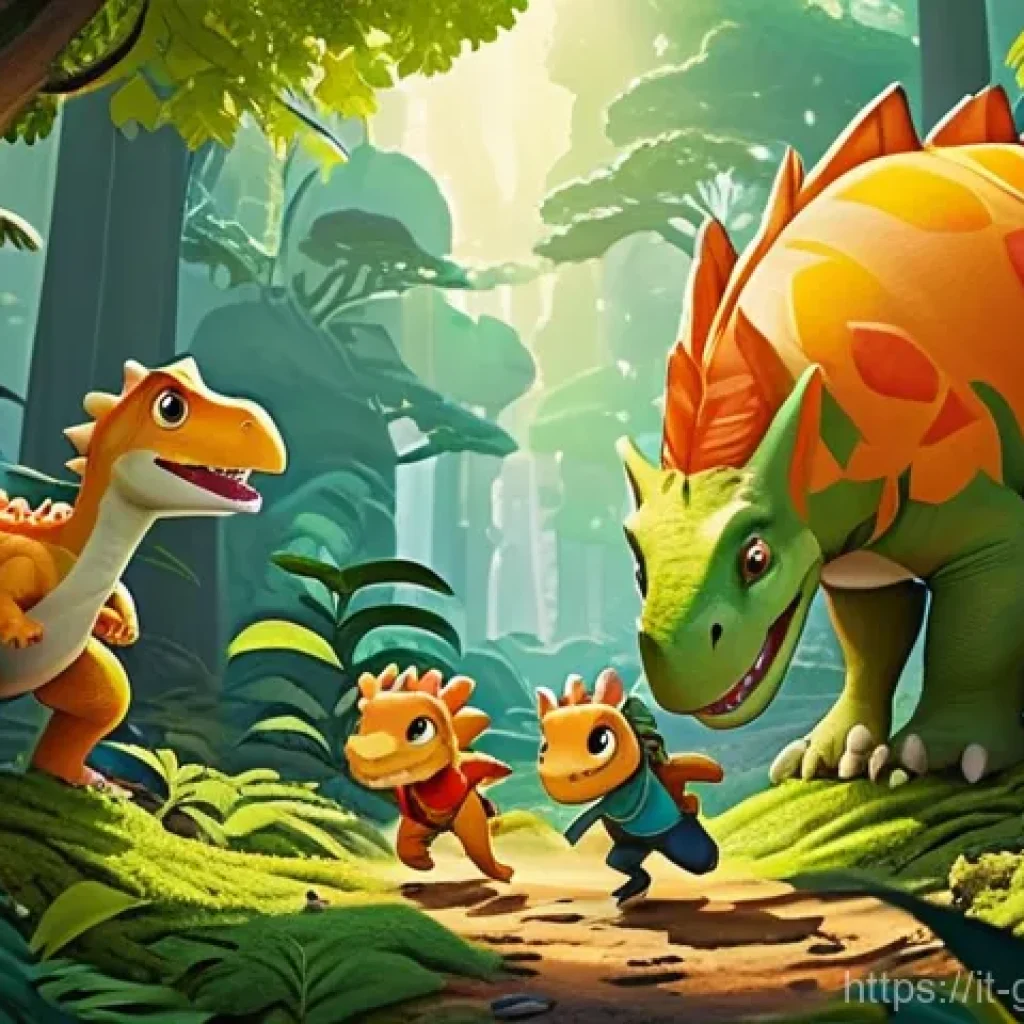 고고다이노의 키 비주얼 제작 과정 - **Prompt 1: Dynamic Forest Adventure**
    "A group of four adorable, anthropomorphic dinosaur-like ...