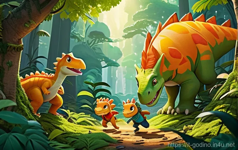고고다이노의 키 비주얼 제작 과정 - **Prompt 1: Dynamic Forest Adventure**
    "A group of four adorable, anthropomorphic dinosaur-like ...