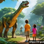 고고다이노의 교육적 메시지 - **Prompt:** A vibrant, cheerful scene set in a lush prehistoric jungle. A diverse group of four chil...
