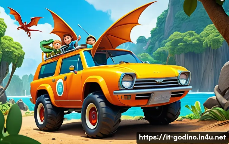 고고다이노 초반 에피소드 리뷰 - A vibrant and action-packed animated scene featuring the Go Go Dino team – Rex, Viki, Tom, and Ping ...