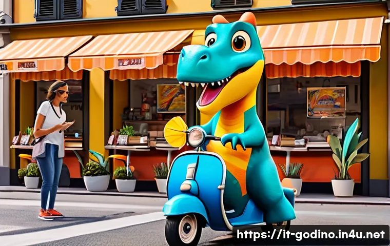고고다이노 팬아트 및 팬커뮤니티 소개 - A vibrant digital painting of GoGoDino, a playful dinosaur character, depicted in a lively urban Ita...