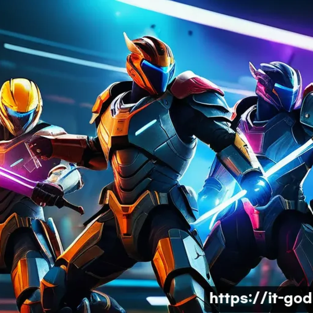 고고다이노의 새로운 캐릭터 추가 여부 - A vibrant and dynamic team battle scene from a futuristic fantasy game, featuring diverse characters...