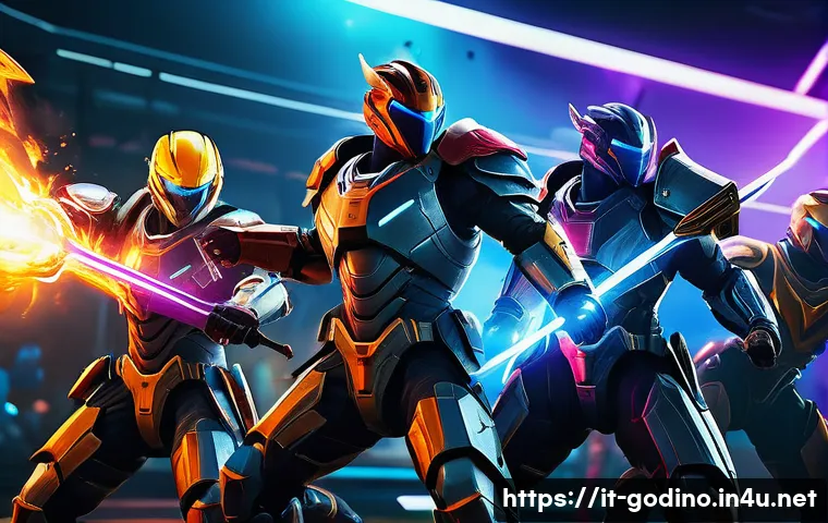 고고다이노의 새로운 캐릭터 추가 여부 - A vibrant and dynamic team battle scene from a futuristic fantasy game, featuring diverse characters...