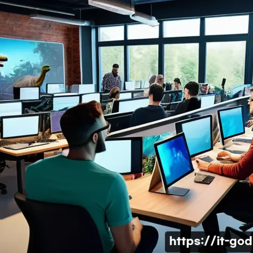 고고다이노 제작사와 배급사 정보 - A vibrant and dynamic creative team in a modern game development studio, featuring diverse professio...