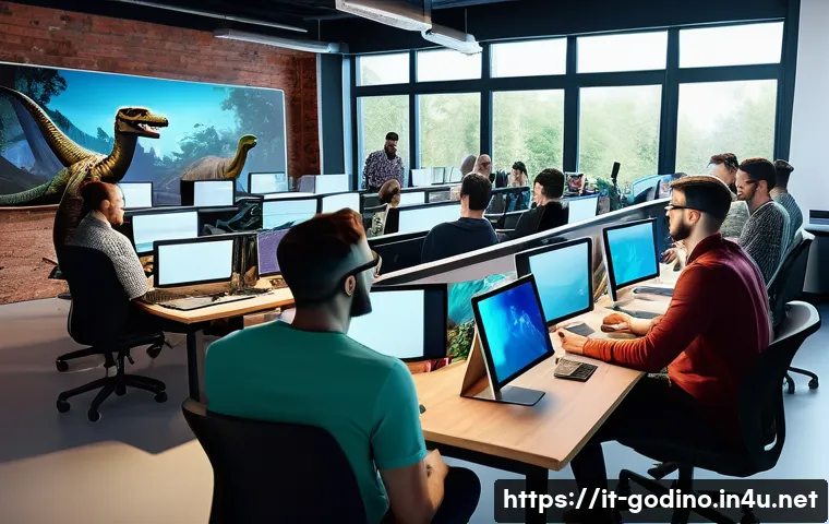 고고다이노 제작사와 배급사 정보 - A vibrant and dynamic creative team in a modern game development studio, featuring diverse professio...