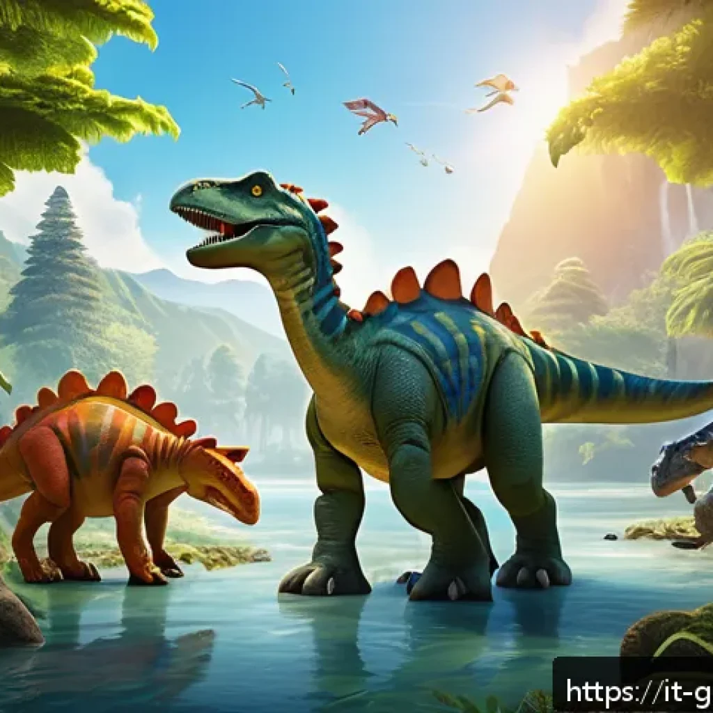고고다이노와 유사 애니메이션 비교 - A vibrant prehistoric forest scene at dawn featuring a diverse group of colorful dinosaurs with dist...