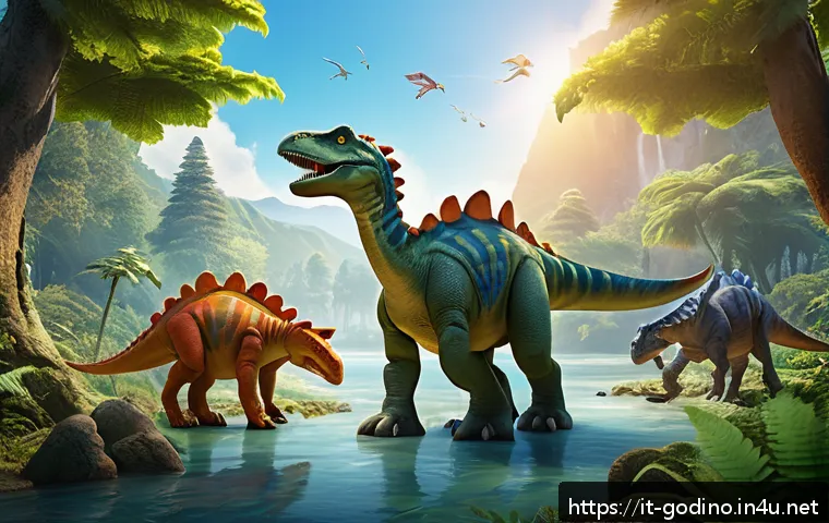 고고다이노와 유사 애니메이션 비교 - A vibrant prehistoric forest scene at dawn featuring a diverse group of colorful dinosaurs with dist...
