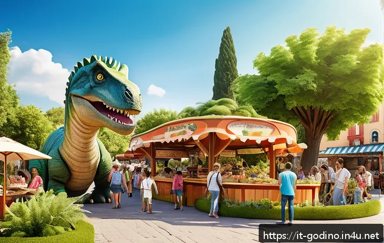 고고다이노의 테마파크 이벤트 정보 - A lively family theme park scene in Italy, featuring interactive rides and naturalistic adventure pa...
