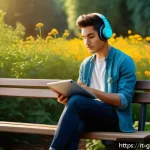 고고다이노 배경음악 작곡가 인터뷰 - A serene park scene during golden hour with a young adult composer wearing casual clothes and headph...