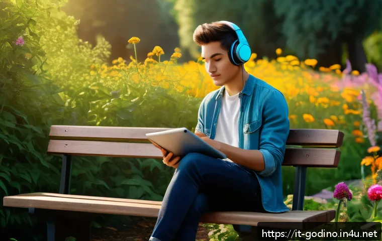고고다이노 배경음악 작곡가 인터뷰 - A serene park scene during golden hour with a young adult composer wearing casual clothes and headph...
