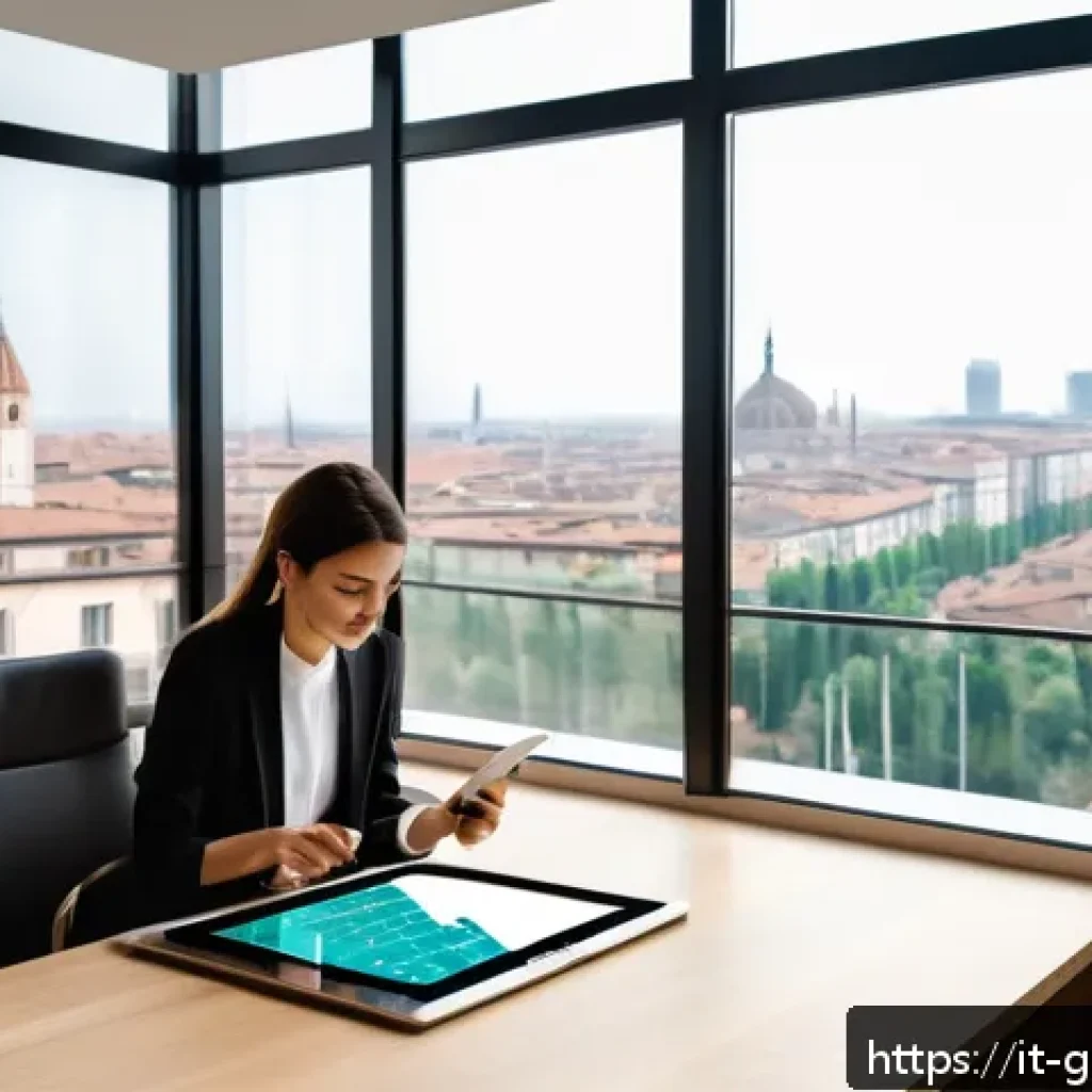 고고다이노의 각종 어플리케이션 활용 - A sleek modern home office setup in Milan with a young professional woman using a tablet displaying ...