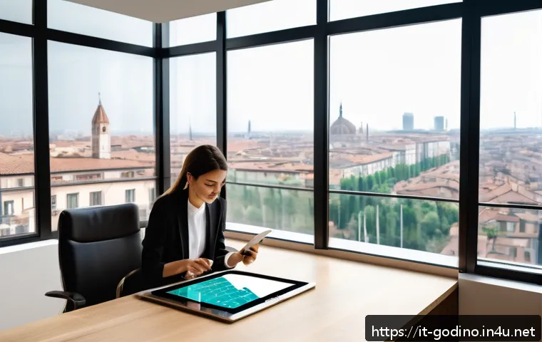 고고다이노의 각종 어플리케이션 활용 - A sleek modern home office setup in Milan with a young professional woman using a tablet displaying ...