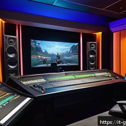고고다이노의 다국어 더빙 현황 - A vibrant gaming studio scene showcasing a diverse team of professional voice actors recording GoGoD...