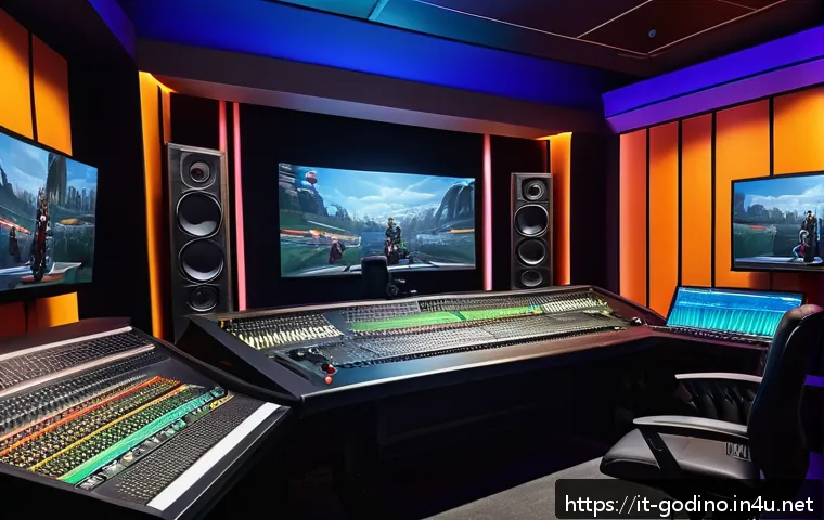 고고다이노의 다국어 더빙 현황 - A vibrant gaming studio scene showcasing a diverse team of professional voice actors recording GoGoD...