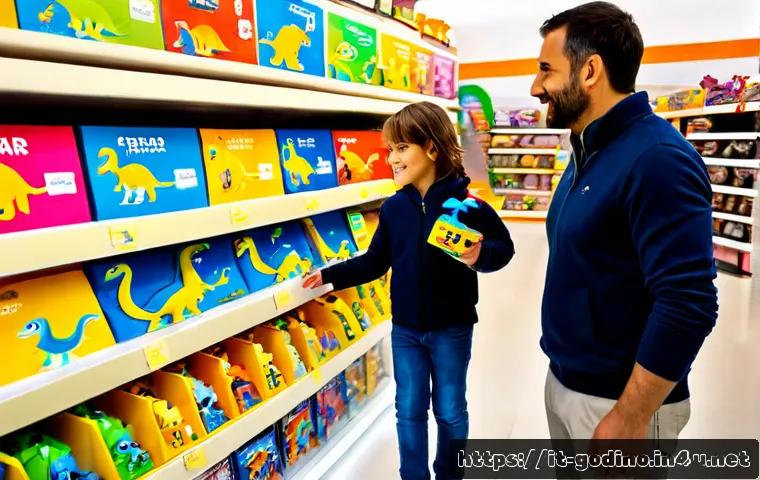 고고다이노 상품 구매처 및 할인정보 - Photorealistic Italian family shopping for colorful generic transforming dinosaur toys in a bright m...